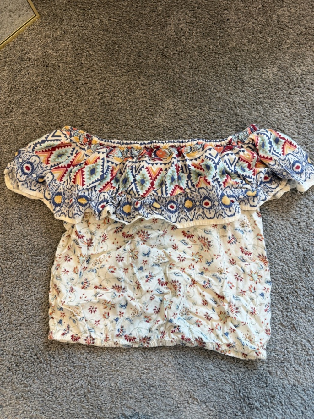 Hollister Cream Off-Shoulder Crop Top with Multicolor Aztec Ruffle